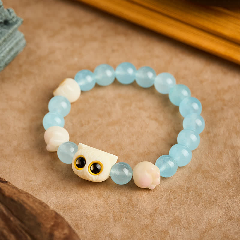 Buddha Stones ブルーカルセドニーの手彫り猫の純潔ビーズブレスレット - image 12