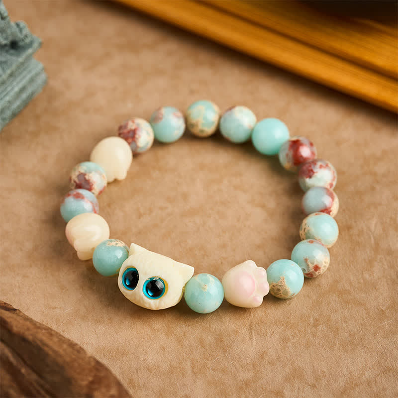 Buddha Stones 寿山石手彫り猫清浄レリーフビーズブレスレット - image 1