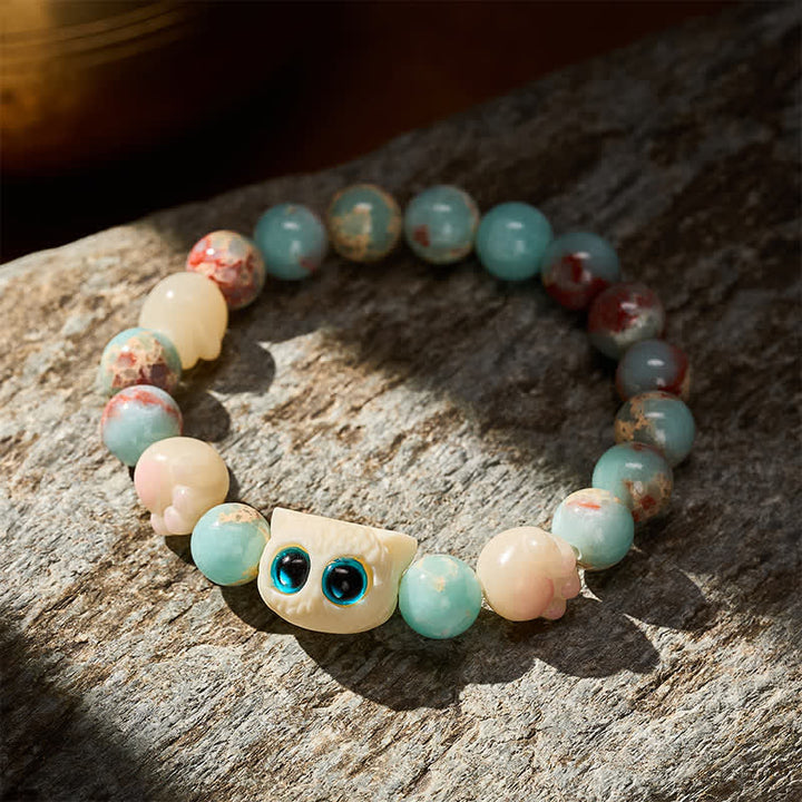 Buddha Stones 寿山石手彫り猫清浄レリーフビーズブレスレット - image 2
