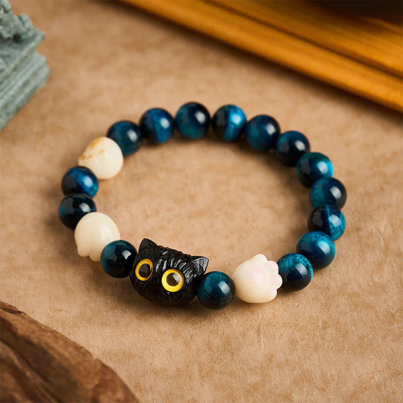 Buddha Stones ブルータイガーアイのかわいい手彫り猫モチーフのグラウンディングビーズブレスレット - ブルータイガーアイ（守護♥バランス）（手首周り：16～17cm） - image 0