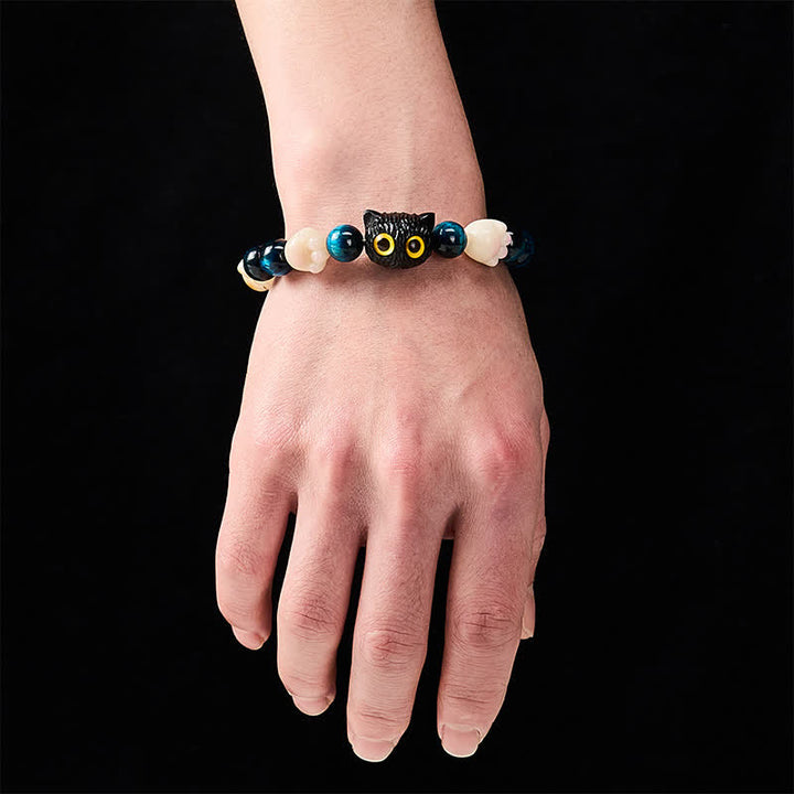 Buddha Stones ブルータイガーアイのかわいい手彫り猫モチーフのグラウンディングビーズブレスレット - image 6