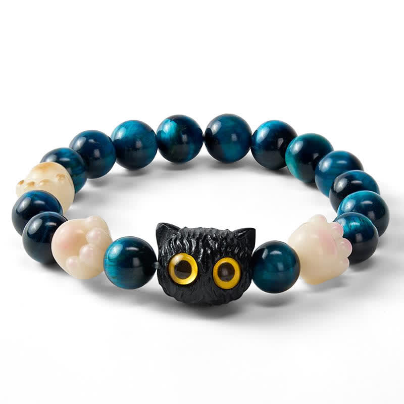 Buddha Stones ブルータイガーアイのかわいい手彫り猫モチーフのグラウンディングビーズブレスレット - image 3