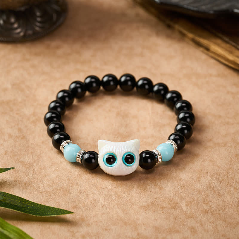 Buddha Stones 黒曜石のかわいい大きな目の猫の魔除けビーズブレスレット - image 1