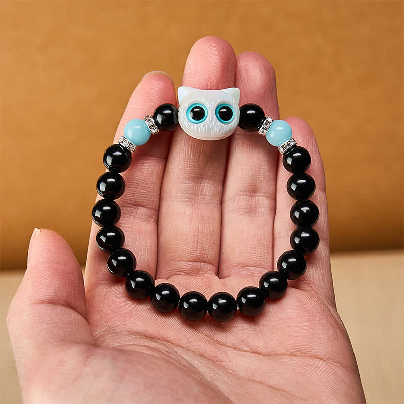 Buddha Stones 黒曜石のかわいい大きな目の猫の魔除けビーズブレスレット - image 9