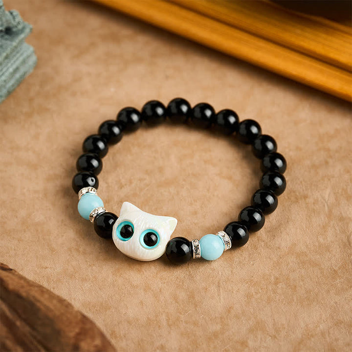 Buddha Stones 黒曜石のかわいい大きな目の猫の魔除けビーズブレスレット - image 7
