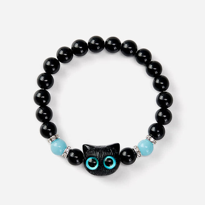 Buddha Stones 黒曜石のかわいい大きな目の猫の魔除けビーズブレスレット - image 20