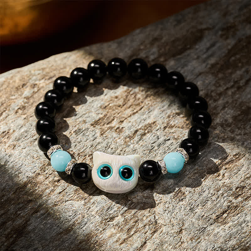 Buddha Stones 黒曜石のかわいい大きな目の猫の魔除けビーズブレスレット - image 2