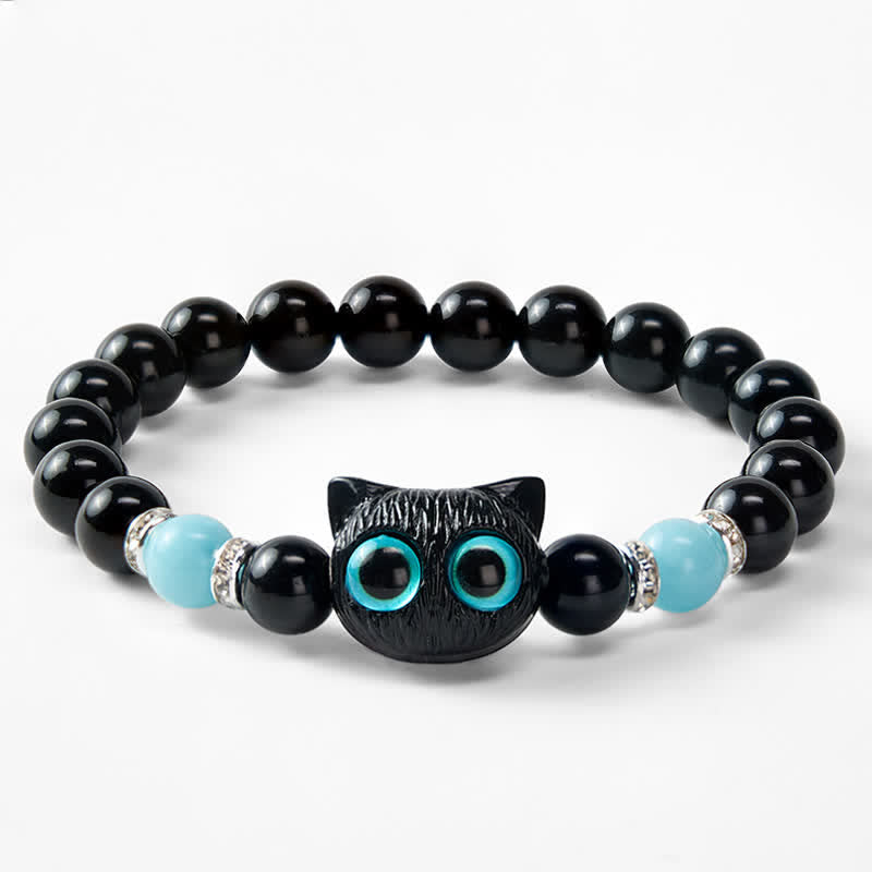 Buddha Stones 黒曜石のかわいい大きな目の猫の魔除けビーズブレスレット - image 21