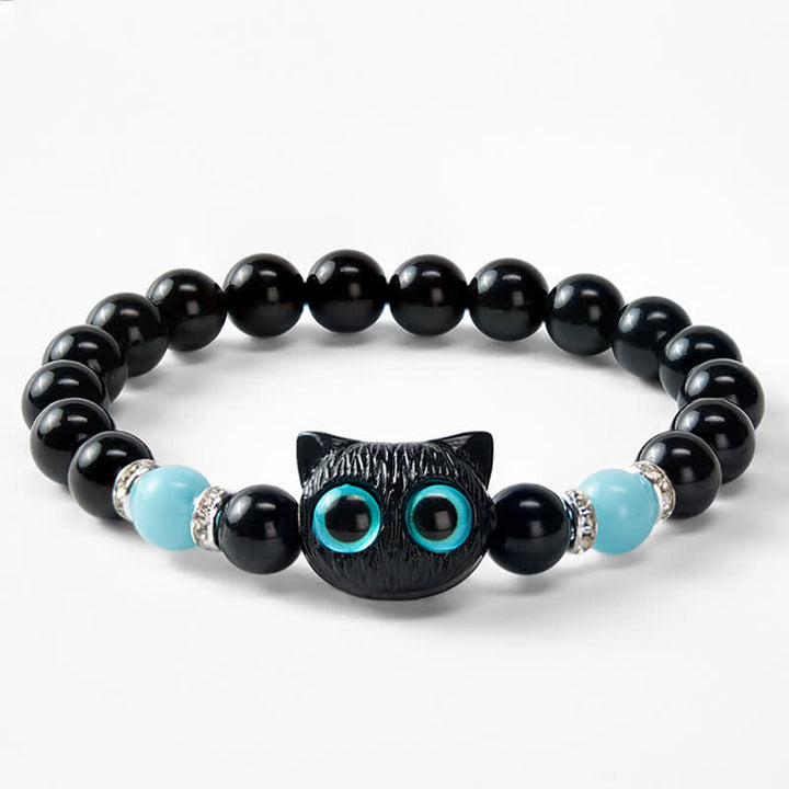 Buddha Stones 黒曜石のかわいい大きな目の猫の魔除けビーズブレスレット - image 21