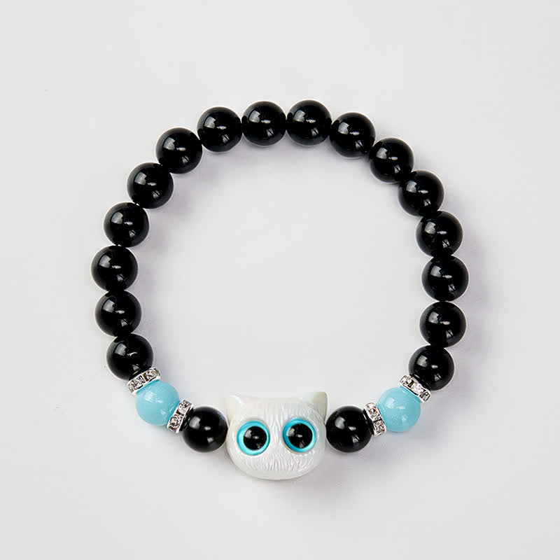 Buddha Stones 黒曜石のかわいい大きな目の猫の魔除けビーズブレスレット - image 10