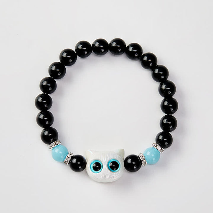 Buddha Stones 黒曜石のかわいい大きな目の猫の魔除けビーズブレスレット - image 10
