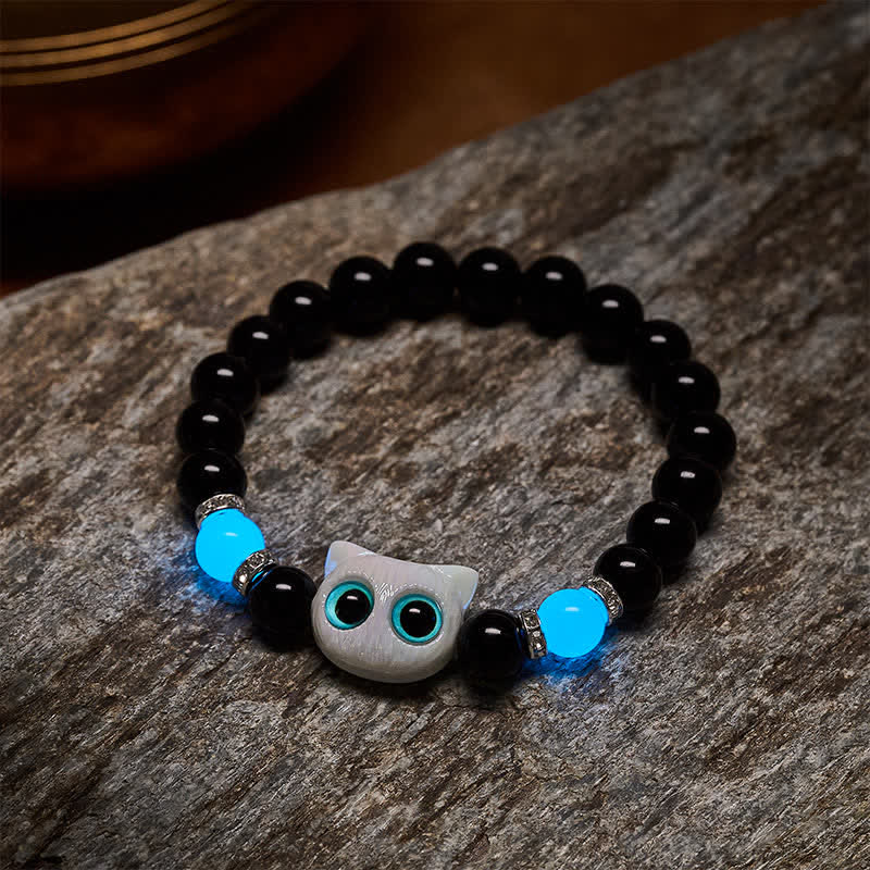 Buddha Stones 黒曜石のかわいい大きな目の猫の魔除けビーズブレスレット - image 8