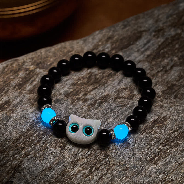 Buddha Stones 黒曜石のかわいい大きな目の猫の魔除けビーズブレスレット - image 8