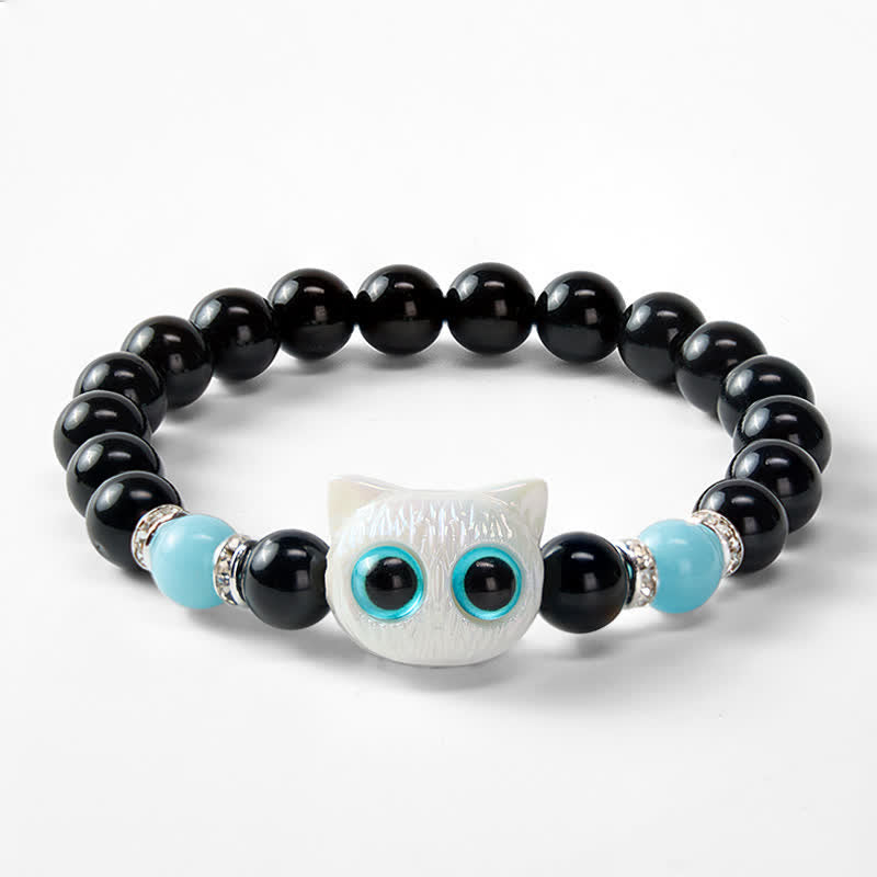 Buddha Stones 黒曜石のかわいい大きな目の猫の魔除けビーズブレスレット - image 11