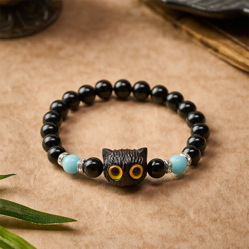 Buddha Stones 黒曜石の手彫りビッグアイキャットレリーフビーズブレスレット - image 1