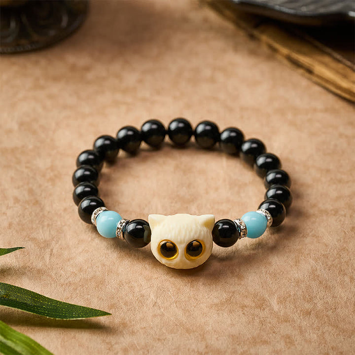 Buddha Stones 黒曜石の手彫りビッグアイキャットレリーフビーズブレスレット - image 15