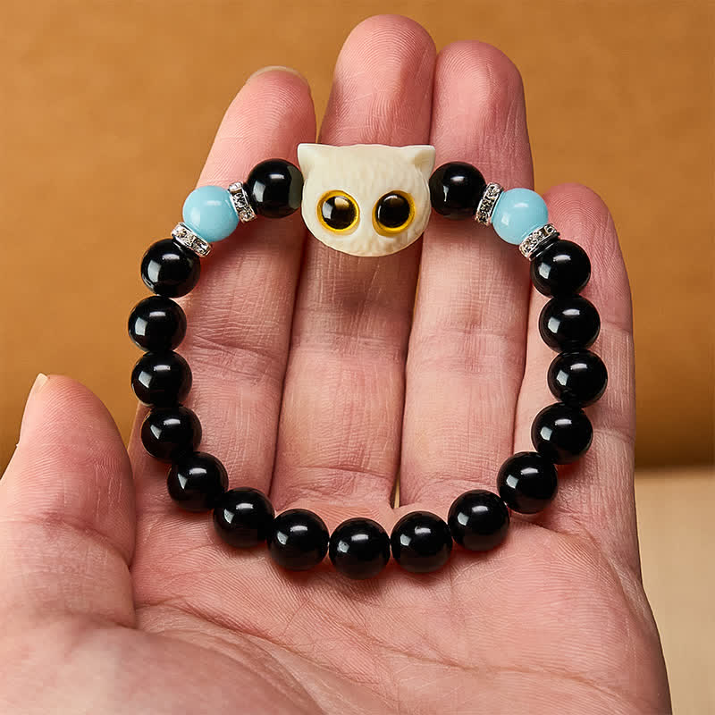 Buddha Stones 黒曜石の手彫りビッグアイキャットレリーフビーズブレスレット - image 21