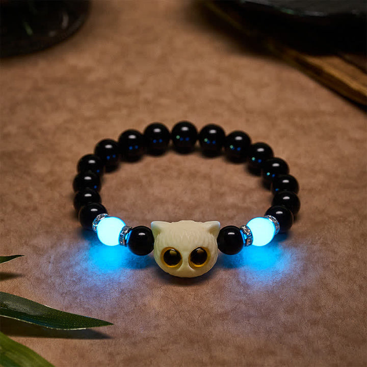 Buddha Stones 黒曜石の手彫りビッグアイキャットレリーフビーズブレスレット - 白猫（手首周り：15～16cm） - 黒曜石（浄化♥力） - image 15