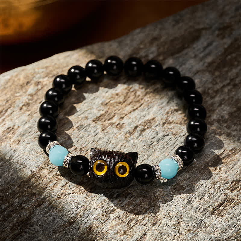 Buddha Stones 黒曜石の手彫りビッグアイキャットレリーフビーズブレスレット - image 2
