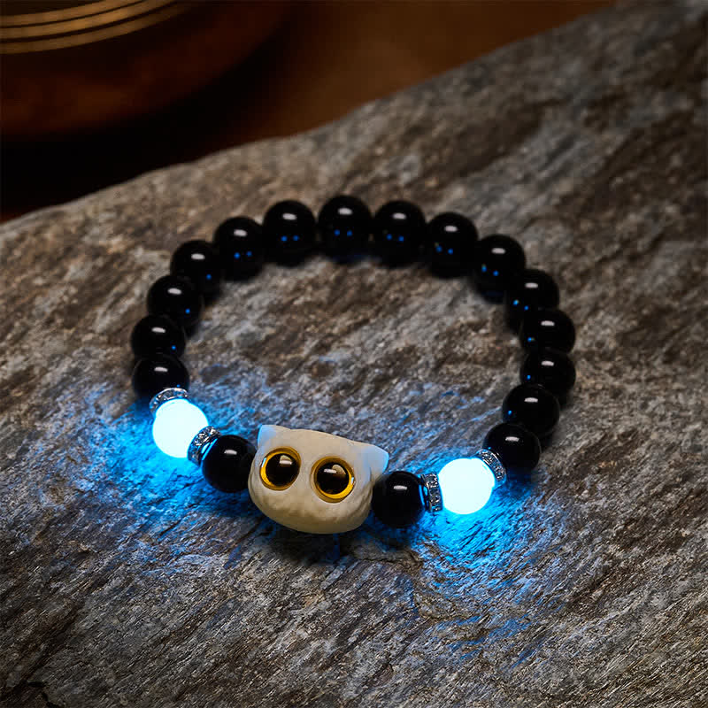 Buddha Stones 黒曜石の手彫りビッグアイキャットレリーフビーズブレスレット - image 17