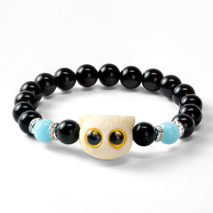 Buddha Stones 黒曜石の手彫りビッグアイキャットレリーフビーズブレスレット - image 23