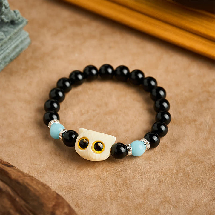 Buddha Stones 黒曜石の手彫りビッグアイキャットレリーフビーズブレスレット - image 19