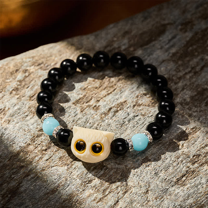 Buddha Stones 黒曜石の手彫りビッグアイキャットレリーフビーズブレスレット - image 16