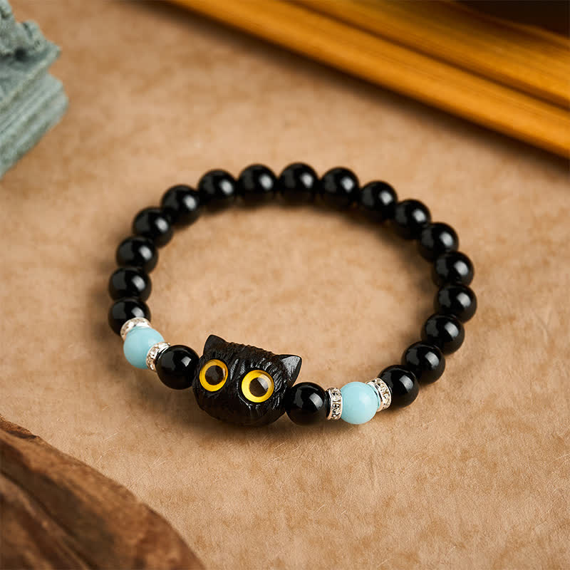 Buddha Stones 黒曜石の手彫りビッグアイキャットレリーフビーズブレスレット - image 10