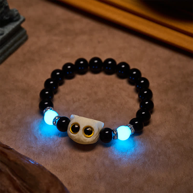 Buddha Stones 黒曜石の手彫りビッグアイキャットレリーフビーズブレスレット - image 20