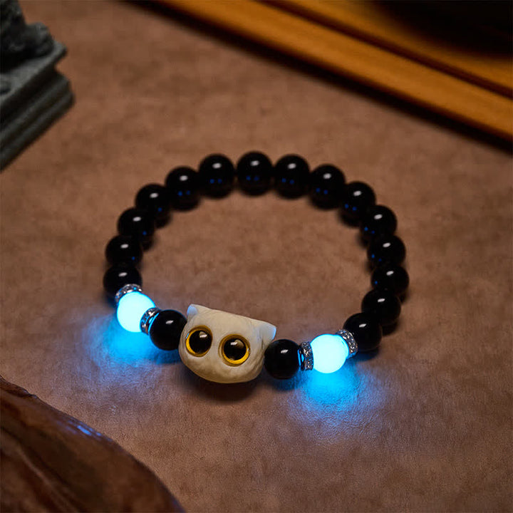 Buddha Stones 黒曜石の手彫りビッグアイキャットレリーフビーズブレスレット - image 20