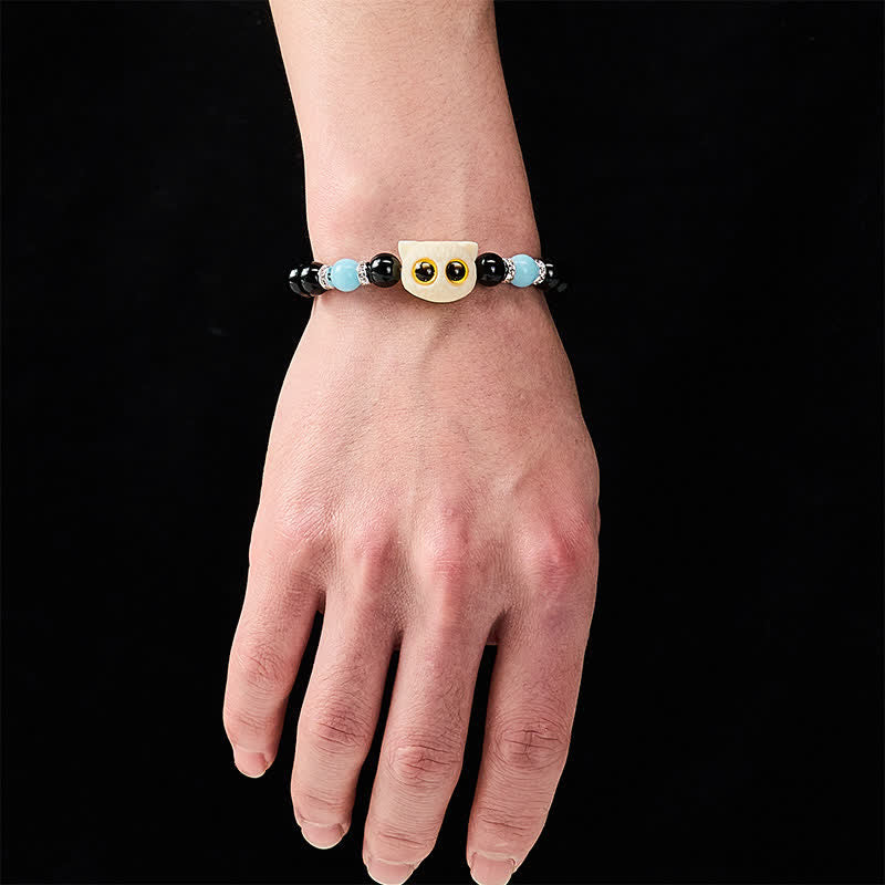 Buddha Stones 黒曜石の手彫りビッグアイキャットレリーフビーズブレスレット - image 18