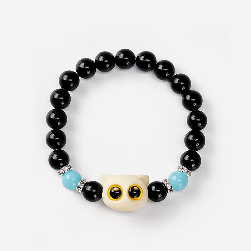 Buddha Stones 黒曜石の手彫りビッグアイキャットレリーフビーズブレスレット - image 22