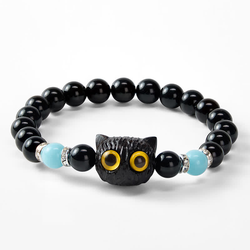 Buddha Stones 黒曜石の手彫りビッグアイキャットレリーフビーズブレスレット - image 14