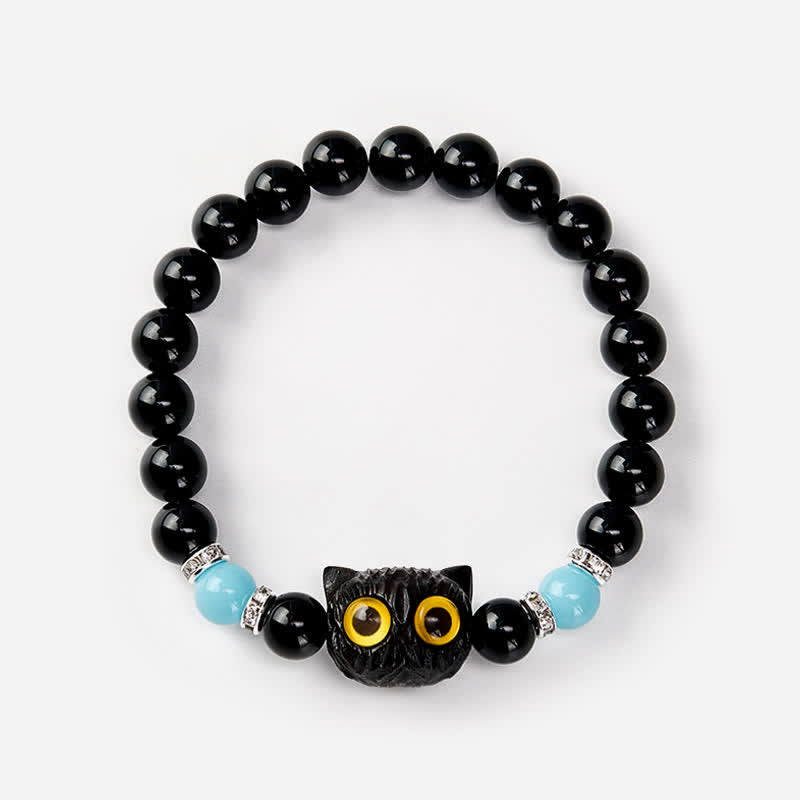 Buddha Stones 黒曜石の手彫りビッグアイキャットレリーフビーズブレスレット - image 12