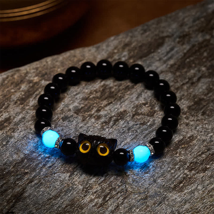 Buddha Stones 黒曜石の手彫りビッグアイキャットレリーフビーズブレスレット - image 9