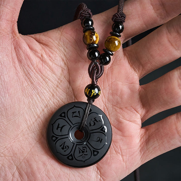 Buddha Stones 黒曜石の平和のお守りチャーム付きプロテクション刻印入り編み込みネックレス - image 7