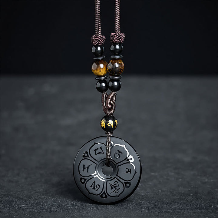 Buddha Stones 黒曜石の平和のお守りチャーム付きプロテクション刻印入り編み込みネックレス - image 3