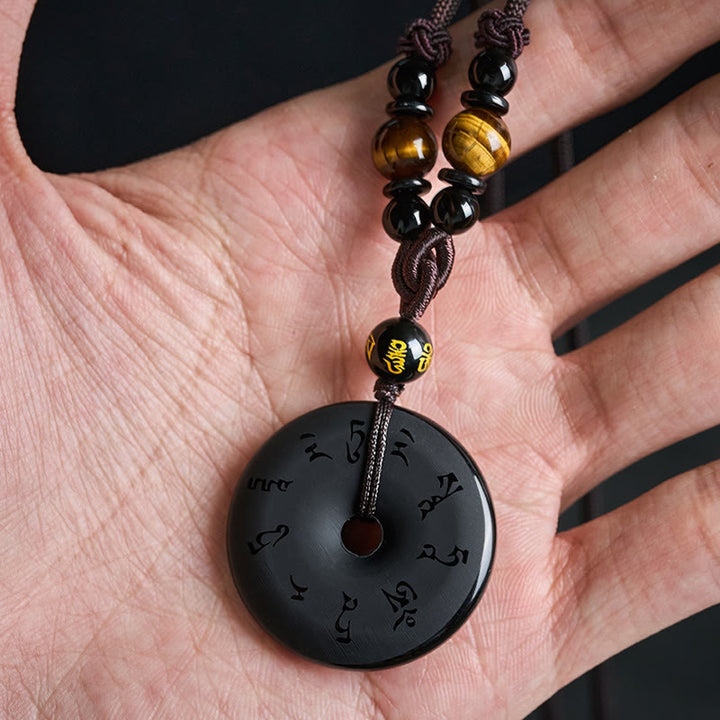 Buddha Stones 黒曜石の平和のお守りチャーム付きプロテクション刻印入り編み込みネックレス - image 12