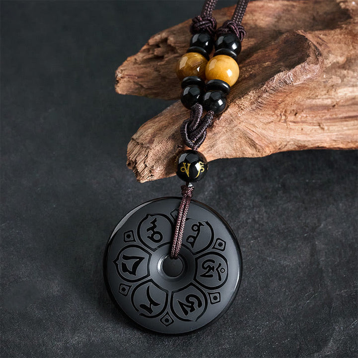 Buddha Stones 黒曜石の平和のお守りチャーム付きプロテクション刻印入り編み込みネックレス - image 14