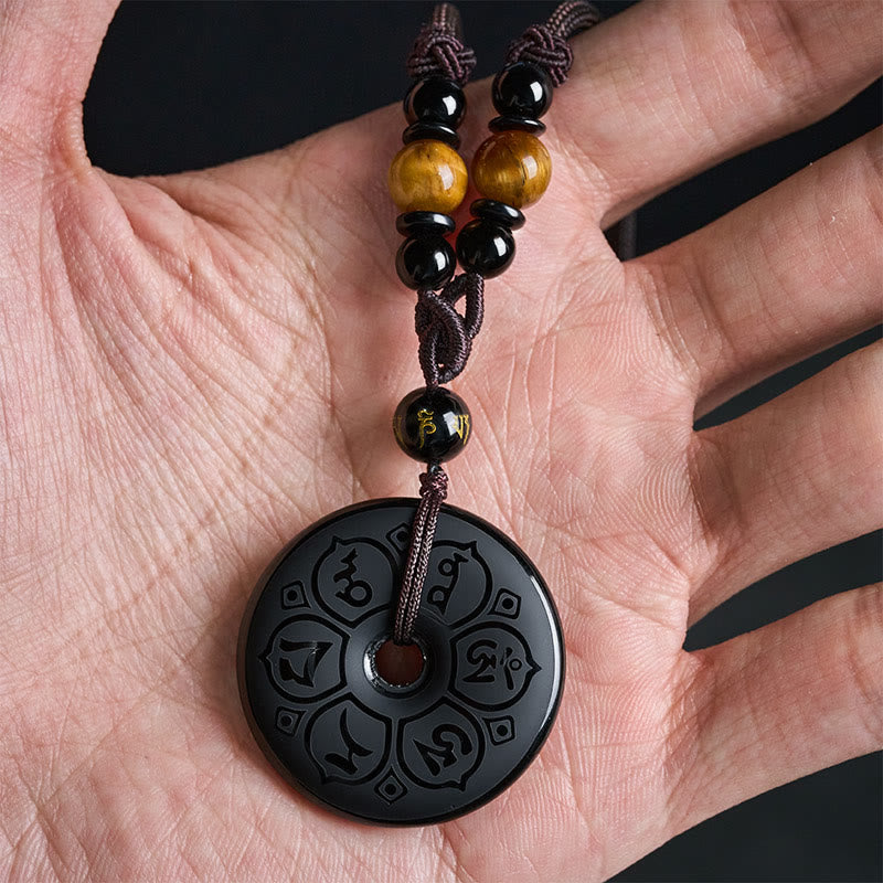 Buddha Stones 黒曜石の平和のお守りチャーム付きプロテクション刻印入り編み込みネックレス - image 17