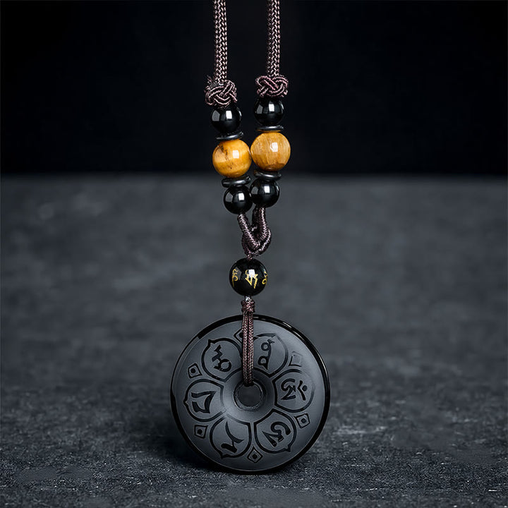 Buddha Stones 黒曜石の平和のお守りチャーム付きプロテクション刻印入り編み込みネックレス - image 15