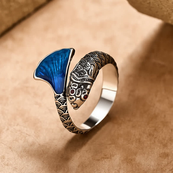 Buddha Stones ヴィンテージ鯉ブルーエナメル調節可能成就調節可能リング - 銅 - 約18.4mm / USサイズ8（調節可能） - image 0