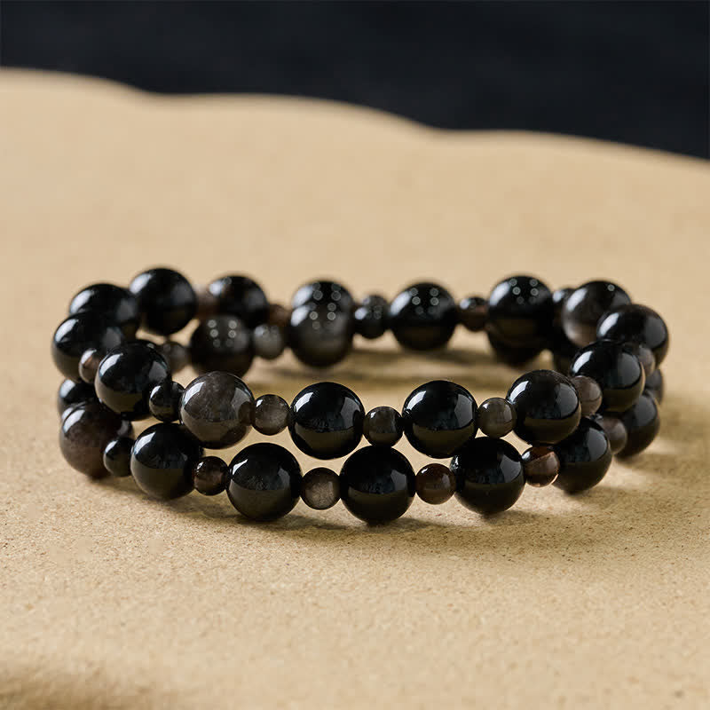 Buddha Stones 黒曜石製シングル・ダブルレイヤー・ラウンドビーズ・守護ブレスレット - 10mm ブラックオブシディアン - ダブルラップ - image 8