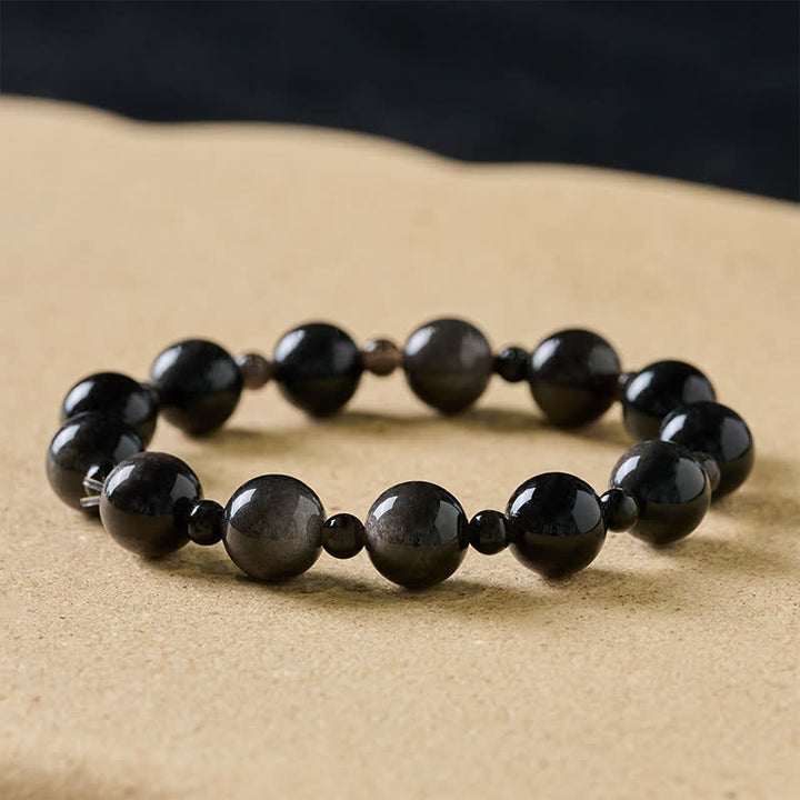 Buddha Stones 黒曜石製シングル・ダブルレイヤー・ラウンドビーズ・守護ブレスレット - 10mm ブラックオブシディアン - シングルラップ - image 0