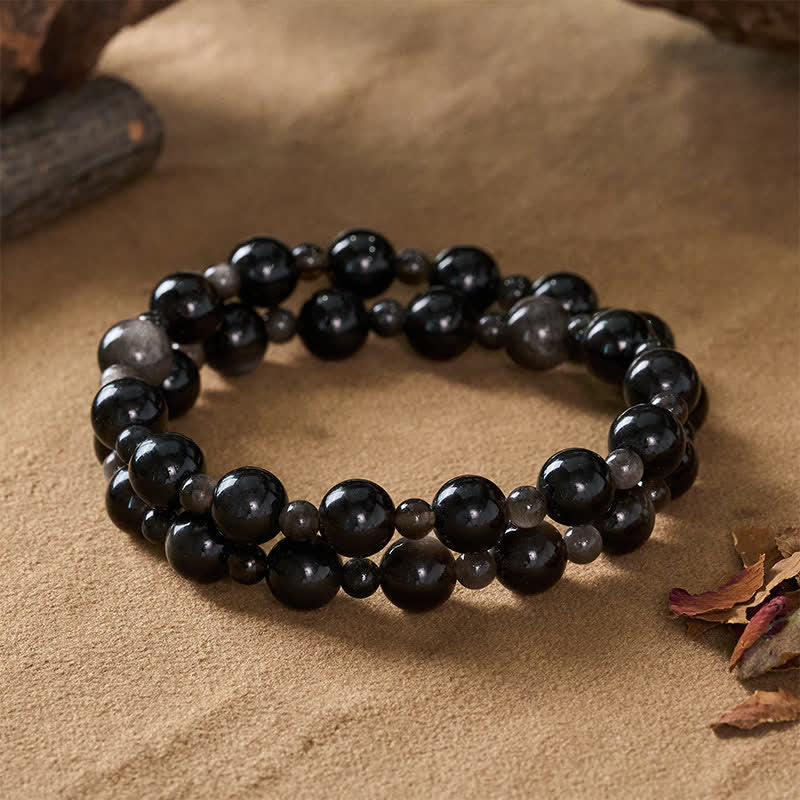 Buddha Stones 黒曜石製シングル・ダブルレイヤー・ラウンドビーズ・守護ブレスレット - image 11