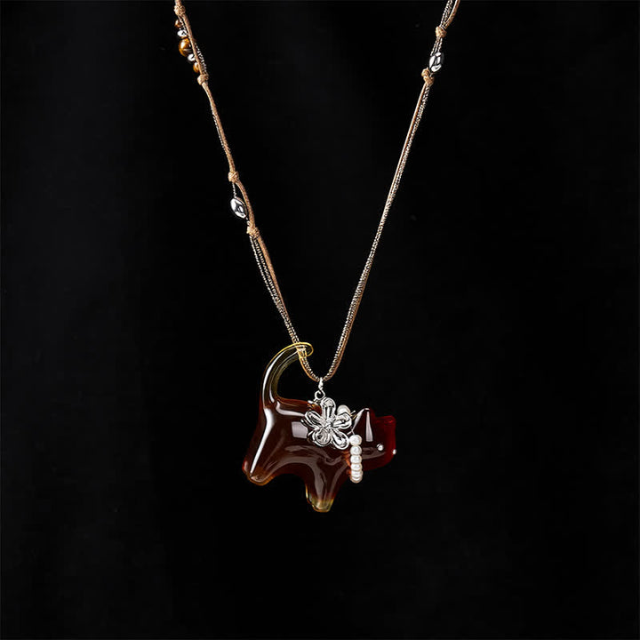 Buddha Stones 樹脂製黒茶色猫花パールビーズピースネックレス - image 4
