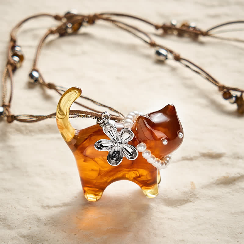 Buddha Stones 樹脂製黒茶色猫花パールビーズピースネックレス - 茶色の猫 - image 0
