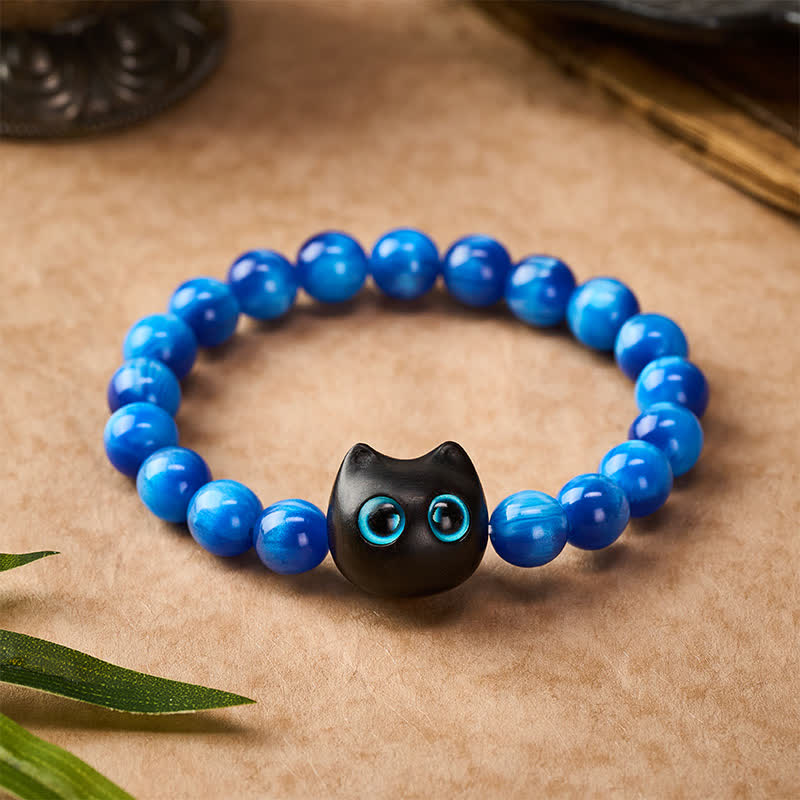 Buddha Stones 青い樹脂ビーズと黒檀猫型バランスブレスレット - image 10