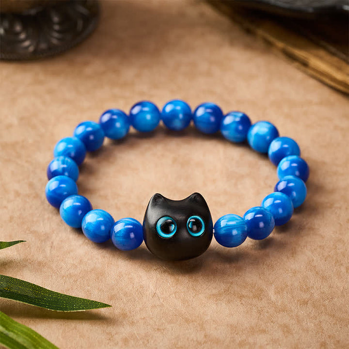 Buddha Stones 青い樹脂ビーズと黒檀猫型バランスブレスレット - image 10