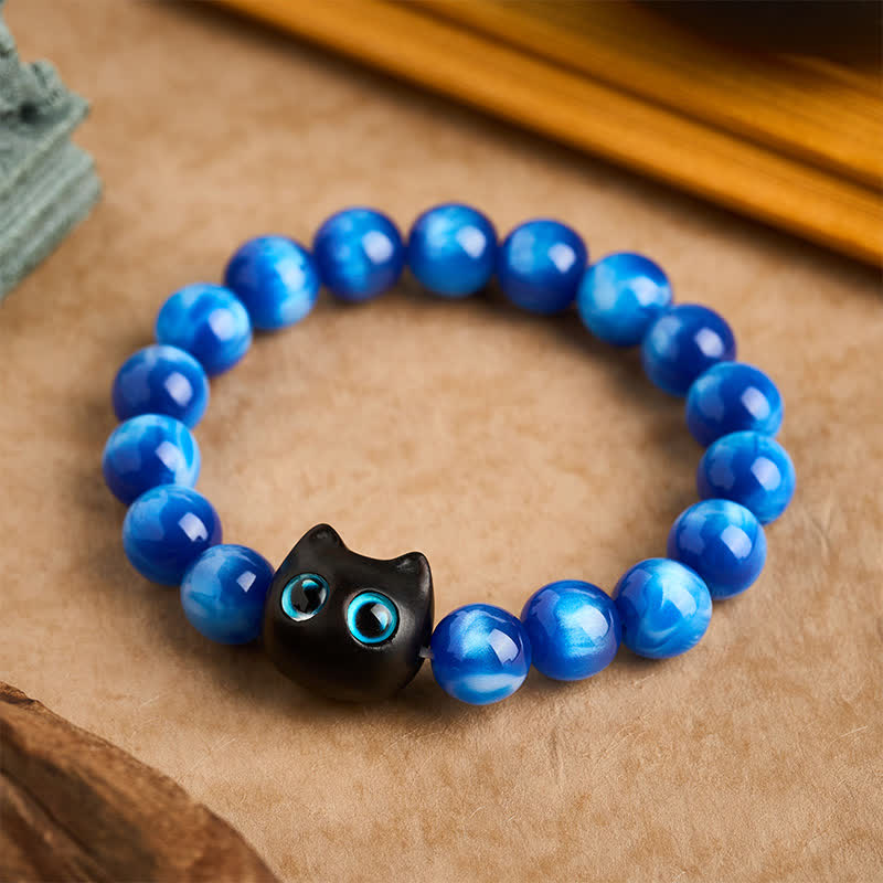 Buddha Stones 青い樹脂ビーズと黒檀猫型バランスブレスレット - 12 mm（手首周り：6.7～7.1インチ / 17～18cm） - image 0